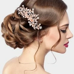 SAM Corporation Headbands Rose Gold Flower Leaf Crystal Comb